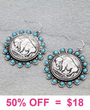 Silver Buffalo coin earrings with turquoise trim