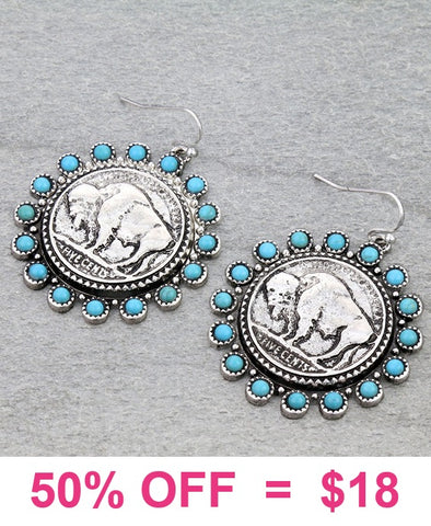 Silver Buffalo coin earrings with turquoise trim