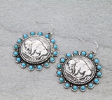 Silver Buffalo coin earrings with turquoise trim