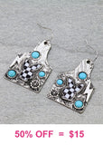 Silver tag earrings with turquoise & checkered print designs