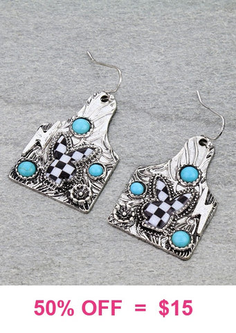 Silver tag earrings with turquoise & checkered print designs