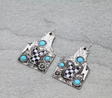 Silver tag earrings with turquoise & checkered print designs