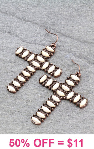 Cream Cross Earrings copper tone