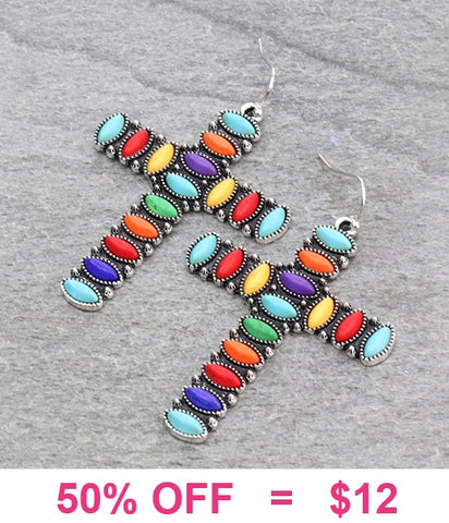 Colorful stones cross earrings