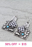 Silver tag earrings with turquoise & checkered Spade