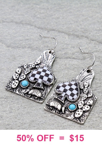 Silver tag earrings with turquoise & checkered Spade