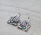 Silver tag earrings with turquoise & checkered Spade