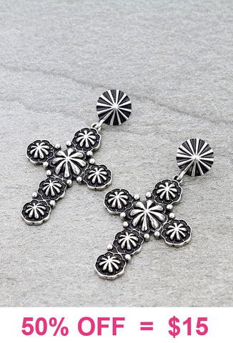 Burnished Silver studded dangle cross earrings