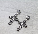 Burnished Silver studded dangle cross earrings