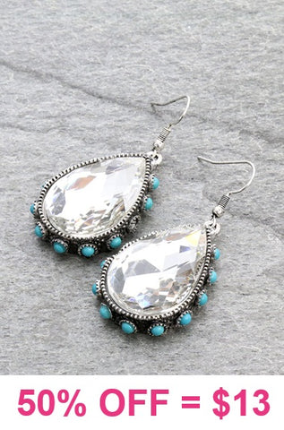 AB Iridescent Bling teardrop earrings with turquoise stone trim. Earring with Clear stone sold out!