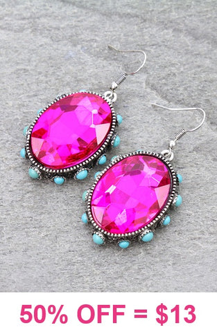 Pink Oval Bling earrings with turquoise stone trim