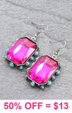 Pink Rectangle Bling earrings with turquoise stone trim