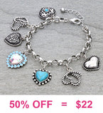 Silver, Bling, Turquoise Heart charm bracelet