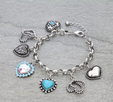 Silver, Bling, Turquoise Heart charm bracelet