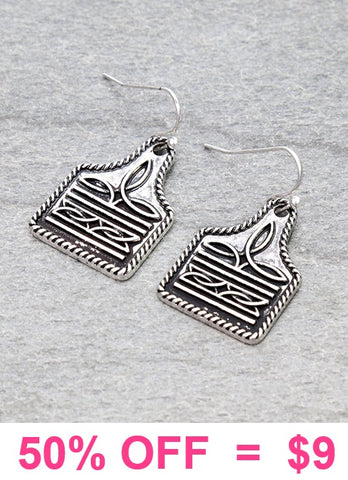 Silver Western tag stitch design earrings