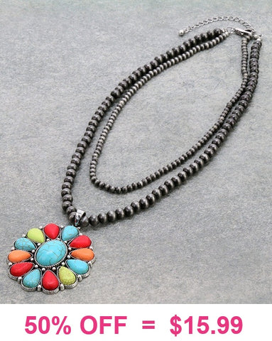 Silver 2 strand necklace with Colorful concho pendant
