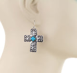 Silver Studded Cross Earrings with turquoise stone