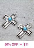 Silver Studded Cross Earrings with turquoise stone