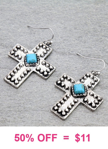 Silver Studded Cross Earrings with turquoise stone