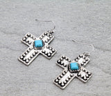 Silver Studded Cross Earrings with turquoise stone