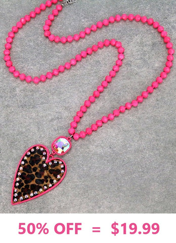 Neon Pink Crystal Necklace with leopard bling heart