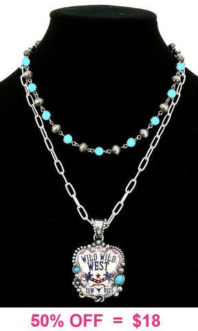 Double strand necklace with Turquoise beads & Wild West pendant