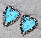 Turquoise stone heart earrings silver trim