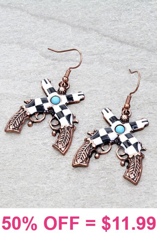 Checkered double pistol earrings - Copper tone with Turquoise stone