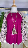 S, L, XL, Plum Top with Cheetah Long Bell Sleeves