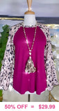 S, L, XL, Plum Top with Cheetah Long Bell Sleeves