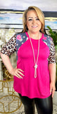 Pink Top with grey floral & leopard sleeve detail