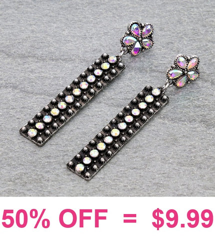 Silver studded bar earring with rhinestones