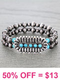 Silver Navajo pearl stretchy bracelet with Turquoise concho