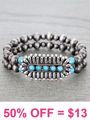 Silver Navajo pearl stretchy bracelet with Turquoise concho