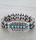 Silver Navajo pearl stretchy bracelet with Turquoise concho
