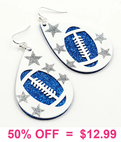 Blue Glitter Football, silver stars, white teardrop earrings