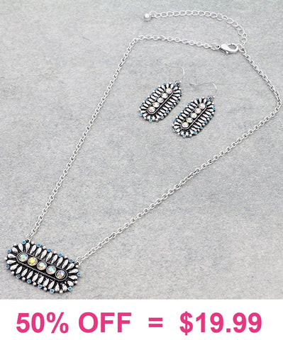 Silver oval concho necklace and earring set