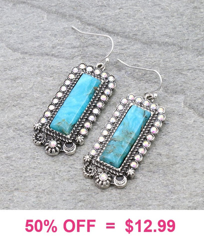 Turquoise Rectangle stone earrings with bling silver border