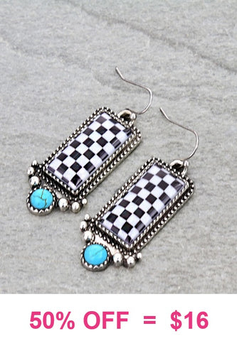 Checkered bar earrings with turquoise stone