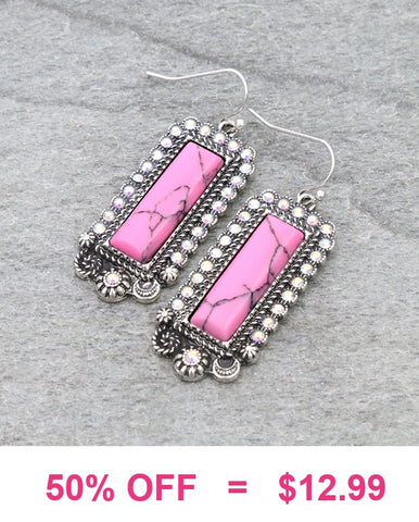 Pink Rectangle stone earrings with bling silver border