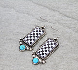 Checkered bar earrings with turquoise stone