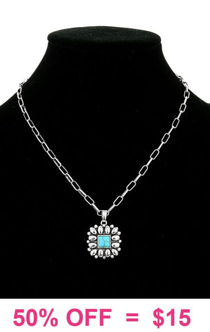 Western Square Flower Concho necklace with turquoise