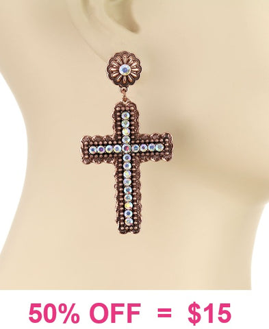 Copper & Bling dangle cross earrings