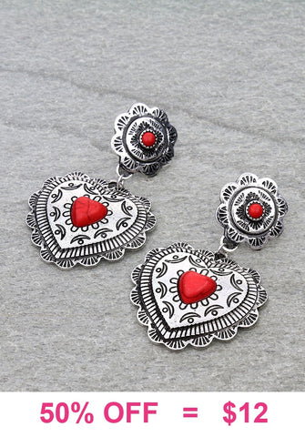 Silver Heart concho earrings with red stone