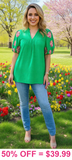 S, M, L, 3X : Green Blouse With Embroidered  Sleeve