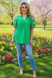 S, M, L, 3X : Green Blouse With Embroidered  Sleeve