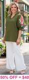Olive top with embroidery sleeve detail