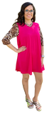 S, L : Pink Flutter Tunic Dress with Leopard Sleeves & Criss Cross Neck