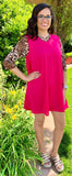 S, L : Pink Flutter Tunic Dress with Leopard Sleeves & Criss Cross Neck