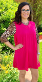 S, L : Pink Flutter Tunic Dress with Leopard Sleeves & Criss Cross Neck